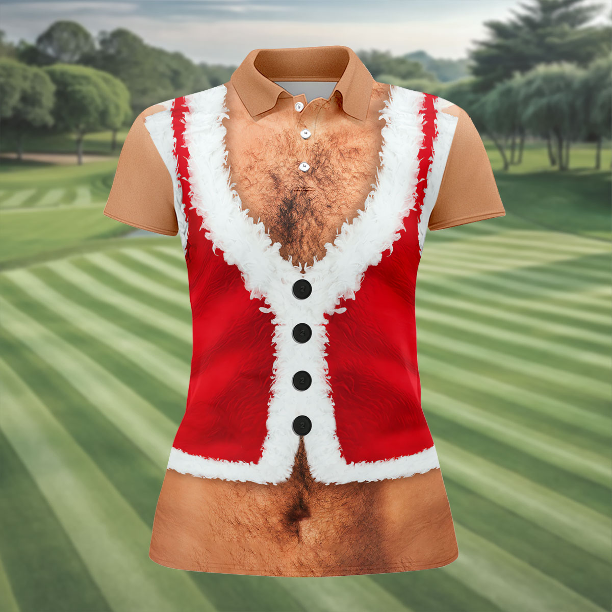 Hairy Chest Santa Print Christmas Golf Shirt, Womens Golf Tops, Golf Shirts For Women