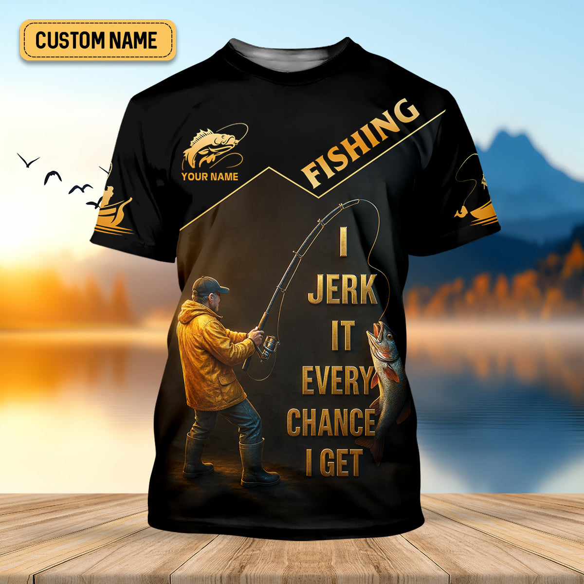 Funny Fishing T-Shirt I Jerk It Every Chance I Get Custom Name UPF Shirts, Men's Fishing Shirt