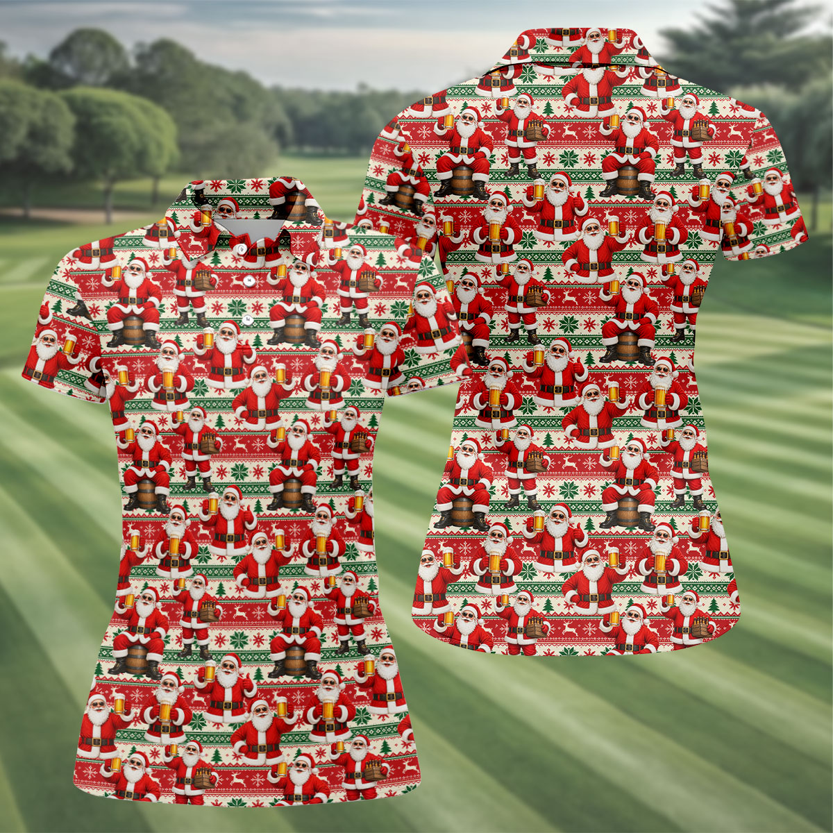 Funny Santa Beer Ugly Sweater Christmas Golf Shirt, Womens Golf Tops, Golf Polo For Women