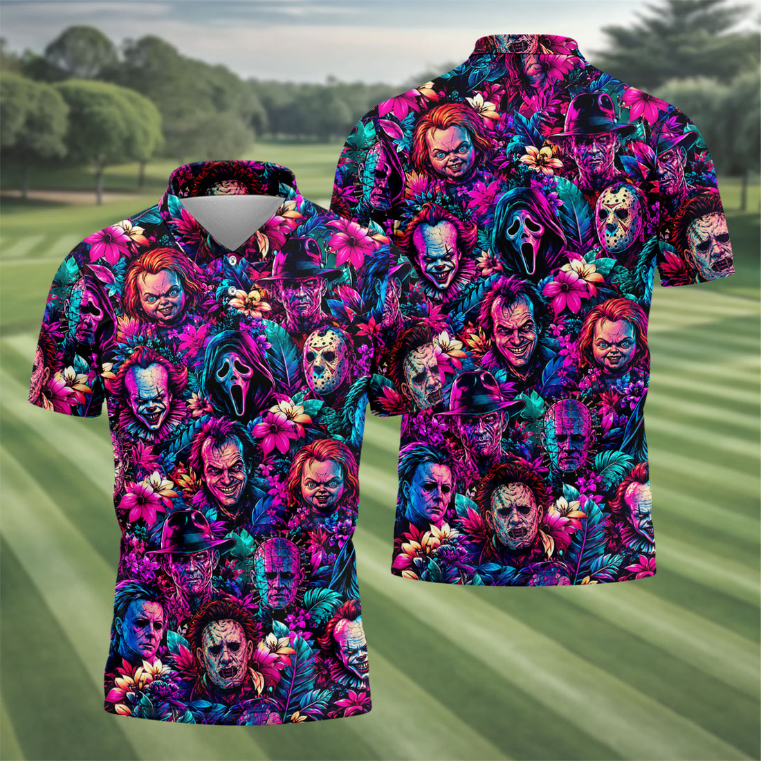 Neon Floral Horror Character Halloween Golf Shirt, Golf Shirts For Men, Mens Golf Apparel