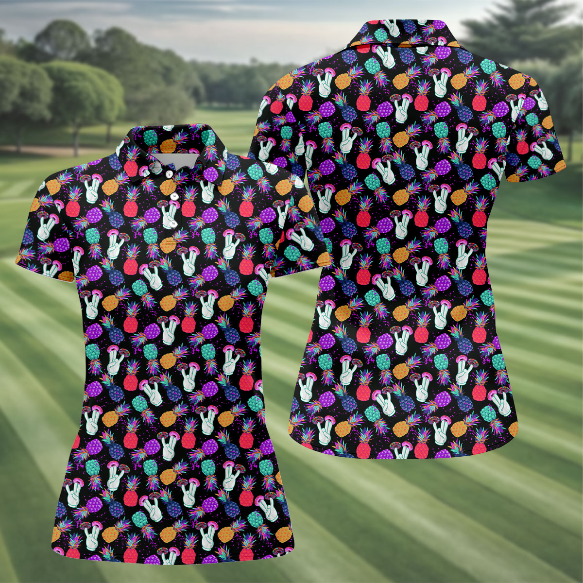 Hawaiian Pineapples Donut Finger Turquoise Orange Purple Fun Women's Golf Shirts, Women's Golf Tops