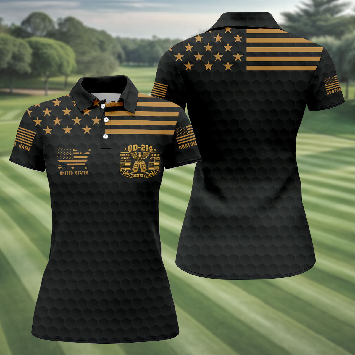 Custom Name Black Gold DD-214 Golf Polo Shirt, Womens Golf Polo, Veterans Day Shirt