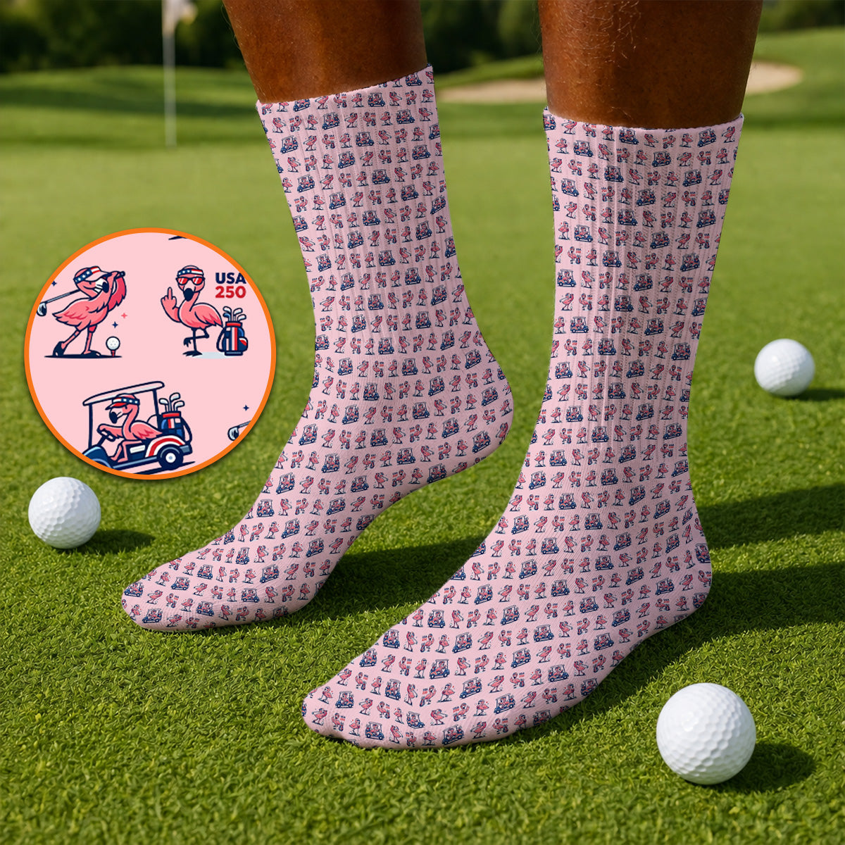 Funny Flamingo Pattern Golf Socks, USA 250 Patriotic Summer Golf Sock, Crazy Golf Gift For Golfer