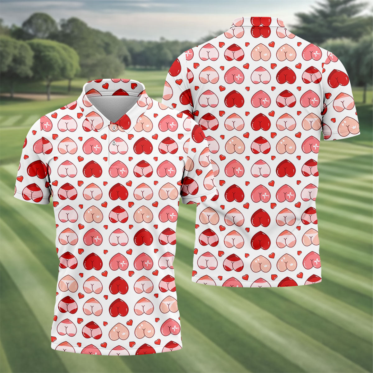 Funny Heart Butt Pattern Golf Polo Shirt, Mens Golf Shirts, Golf Apparel For Men