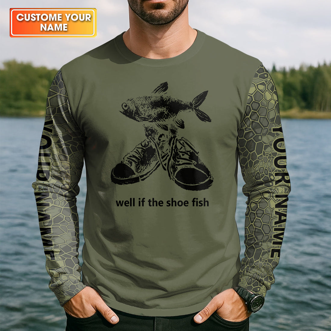 Well If The Shoe Fish Green Camo Fishing UPF Shirts, Funny Fishing Shirt, Fishing Gift for Men
