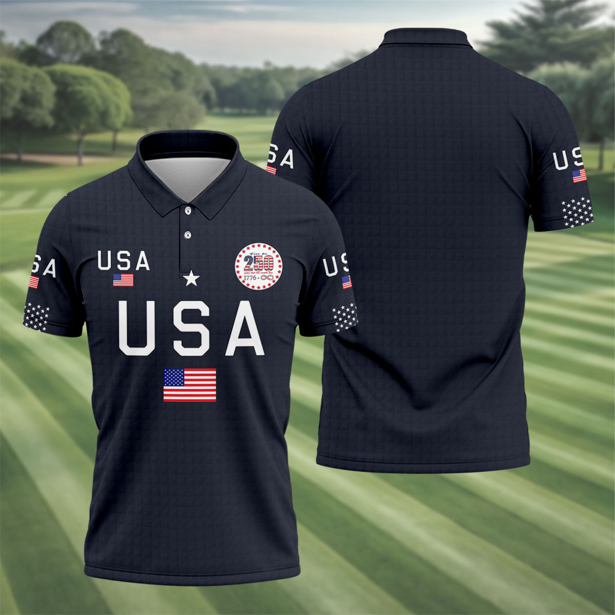 Free For 250 Years Black Patriotic Golf Shirt, 4th Of July Golf Shirt, 250th Anniversary Polo ShirtFor Men
