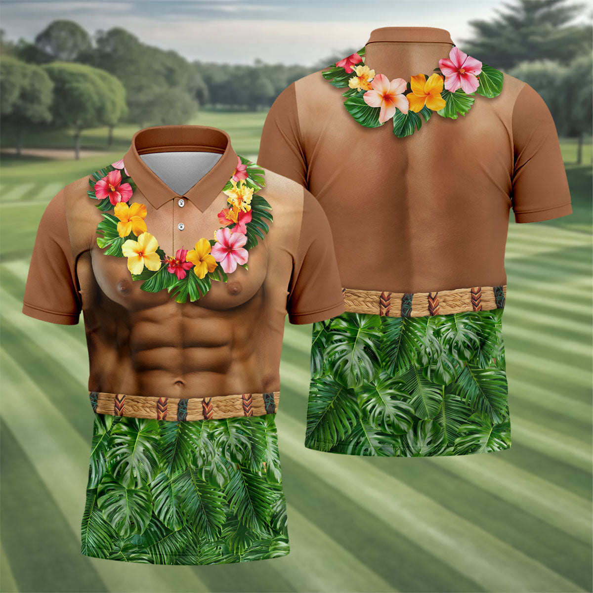 Floral Lei Tropical Theme Party Funny Costume Hawaiian Golf Shirt, Polo Shirts For Men