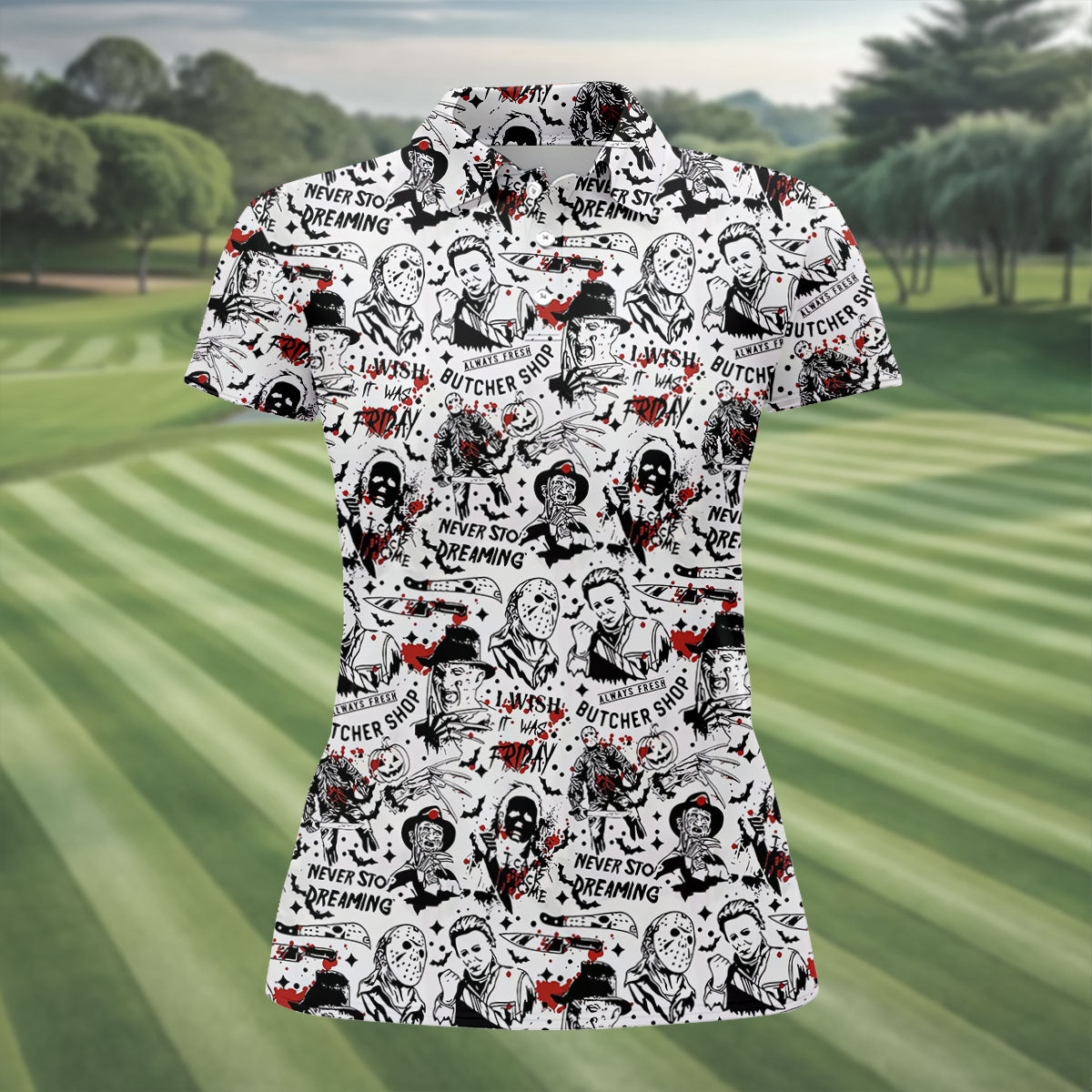 Classic Horror Character Collage Halloween Polo Shirt, Ladies Golf Shirt, Womens Golf Tops