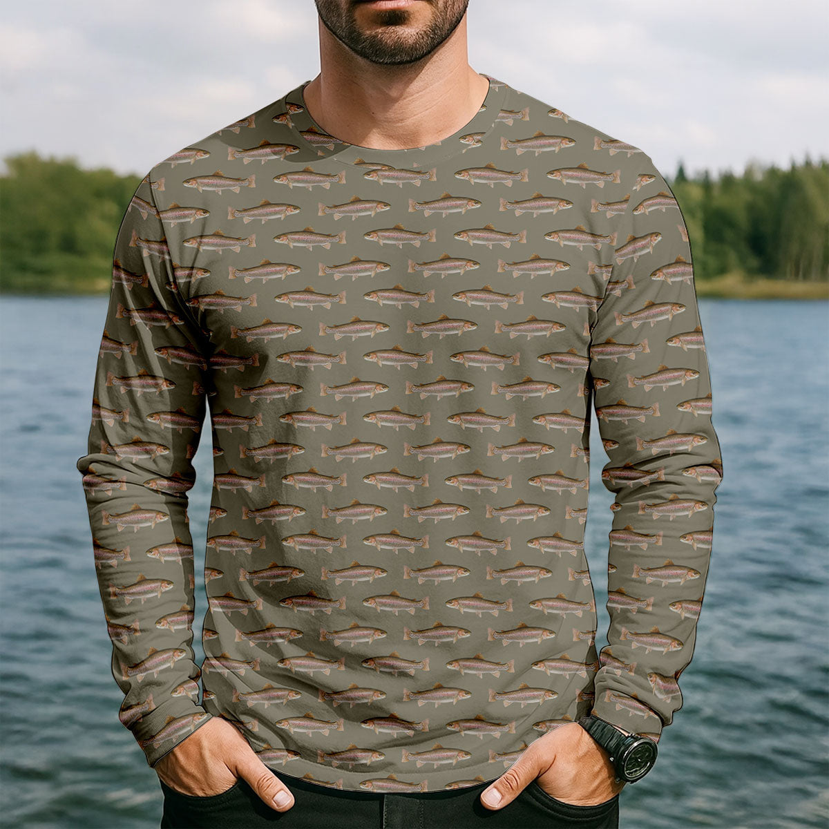 Rainbow Trout Pattern Pewter Grey Fishing UPF Shirts, Long Sleeve Fishing Shirts, Fishing Shirts For Men