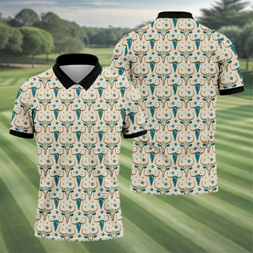 Cow Skulls Turquoise And Beige Western Theme Golf Tops For Men, Polo ShirtFor Men, Golf Shirts For Men