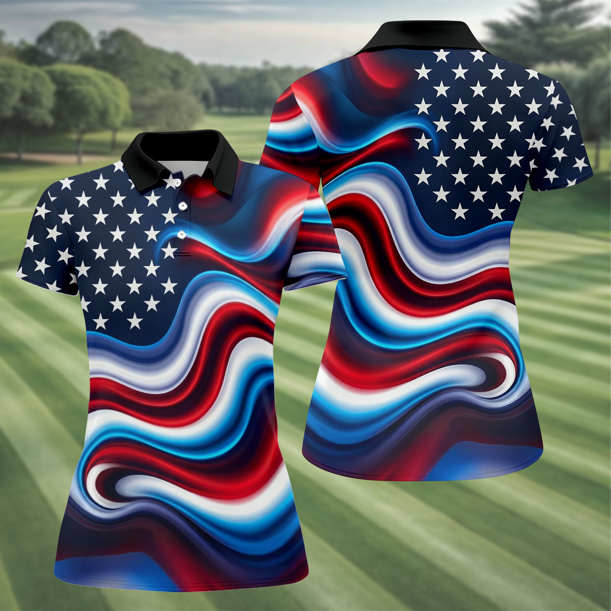 Star Pattern Red White Blue Wavy Stripes 250th Anniversary, Patriotic 4th Of July Golf Shirt For Women