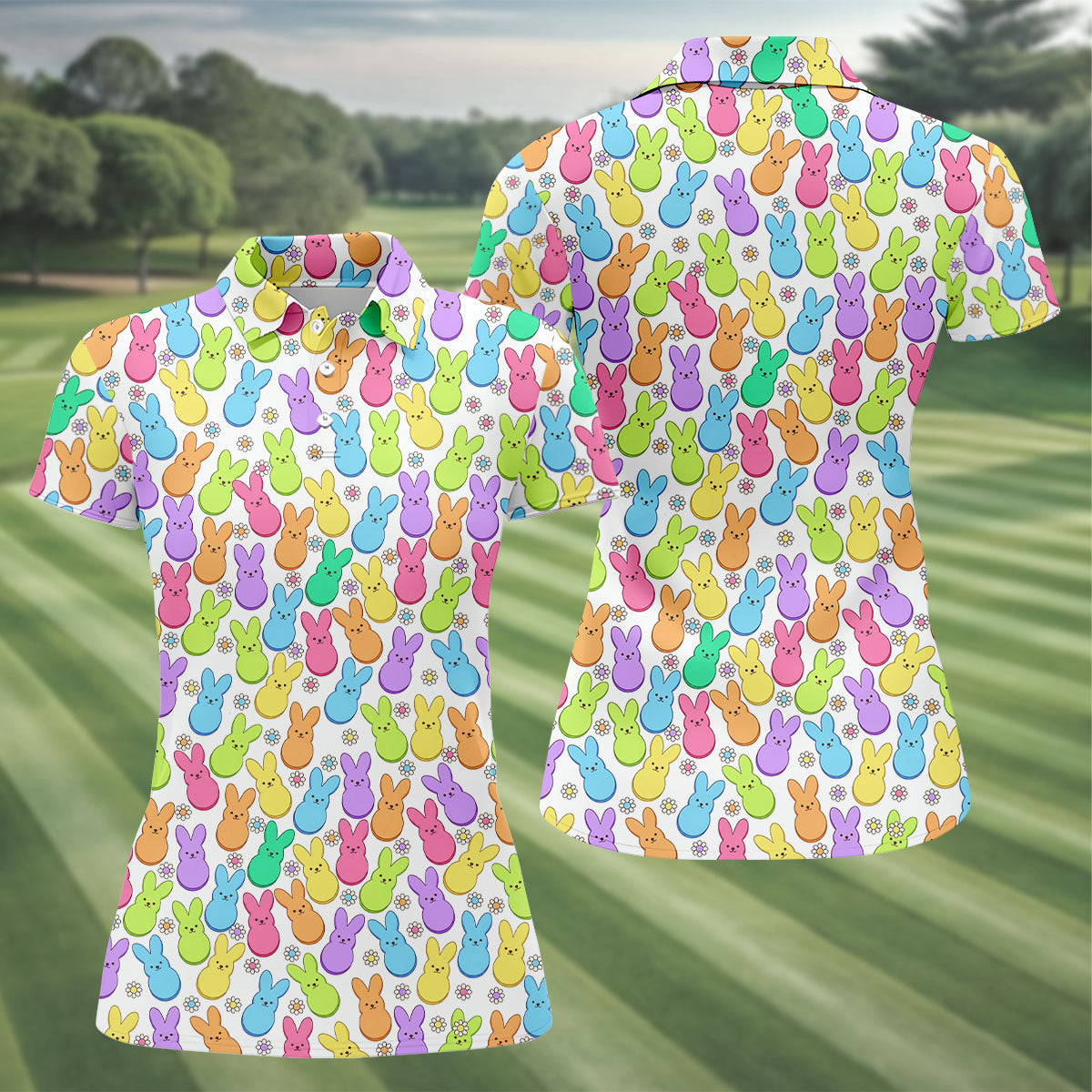 Pastel Easter Peeps Daisy Pattern Women Golf Top, Cute Golf Outfit, Ladies Golf Shirts