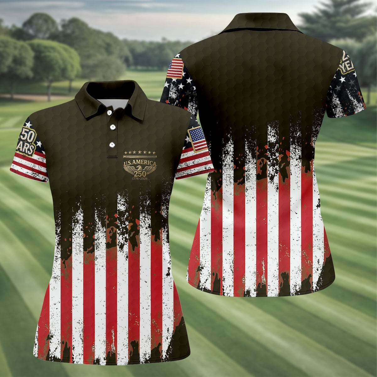 US Bald Eagle Golf Ball Pattern Distressed American Flag Women Golf Top, 250th Anniversary 4th Of July Golf Shirt