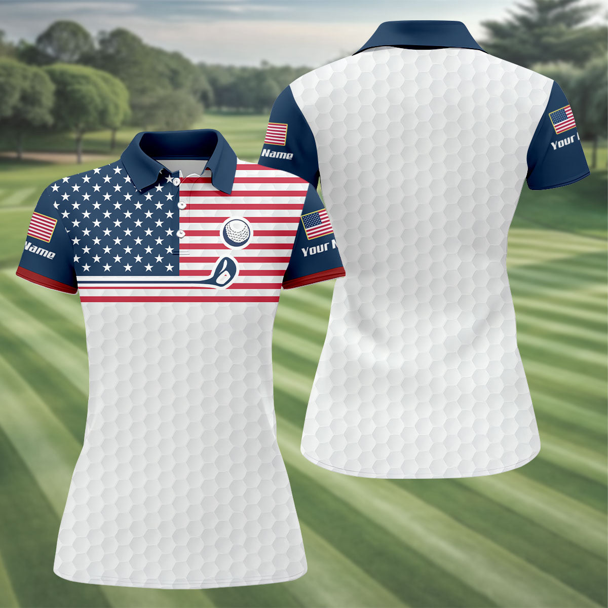 Patriot American Flag Golf Club Golf Ball Pattern Women's Golf Tops, 250th Anniversary Patriotic Golf Shirt