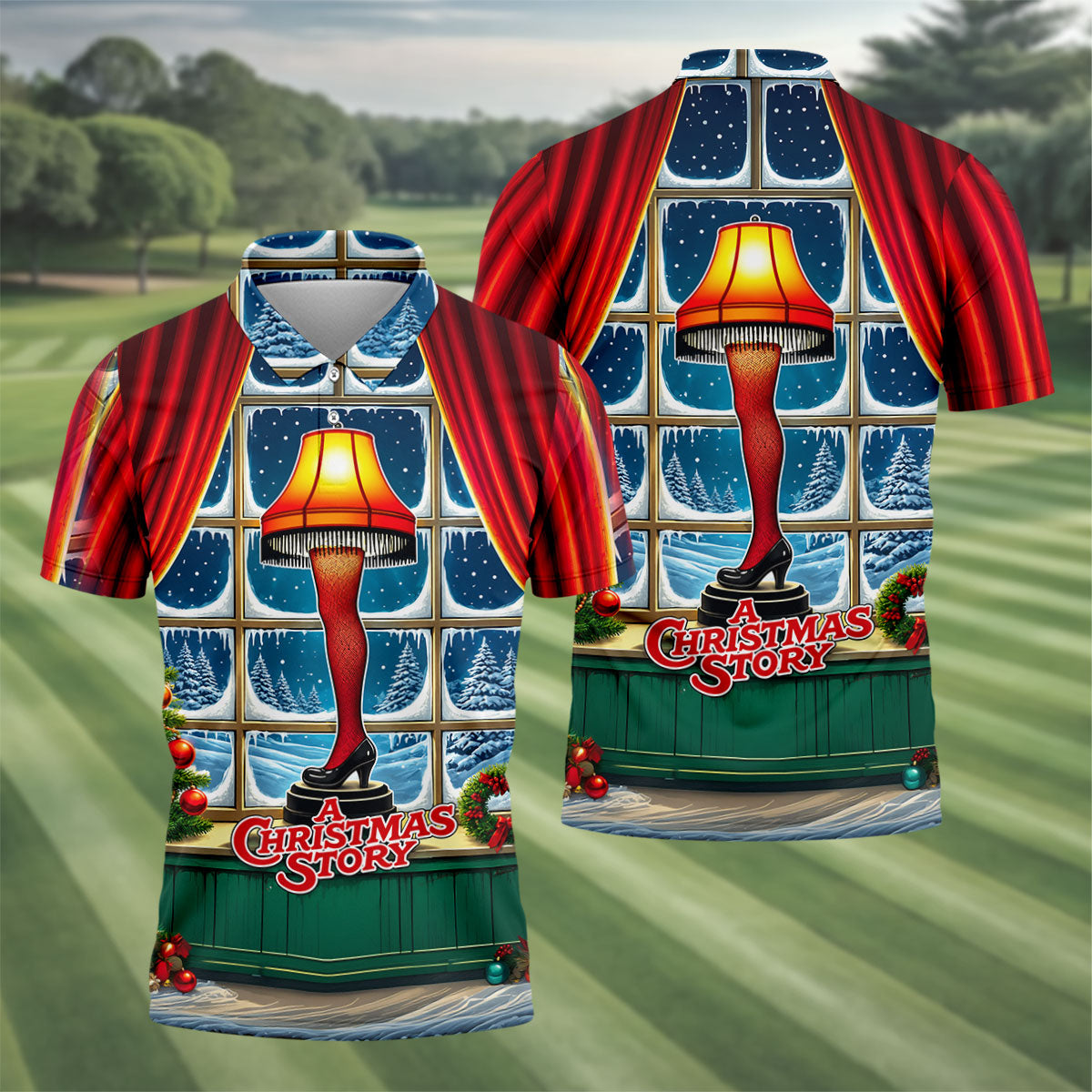 Funny Christmas Leg Lamp Window Golf Polo Shirt, Mens Golf Polo, Golf Apparel For Men
