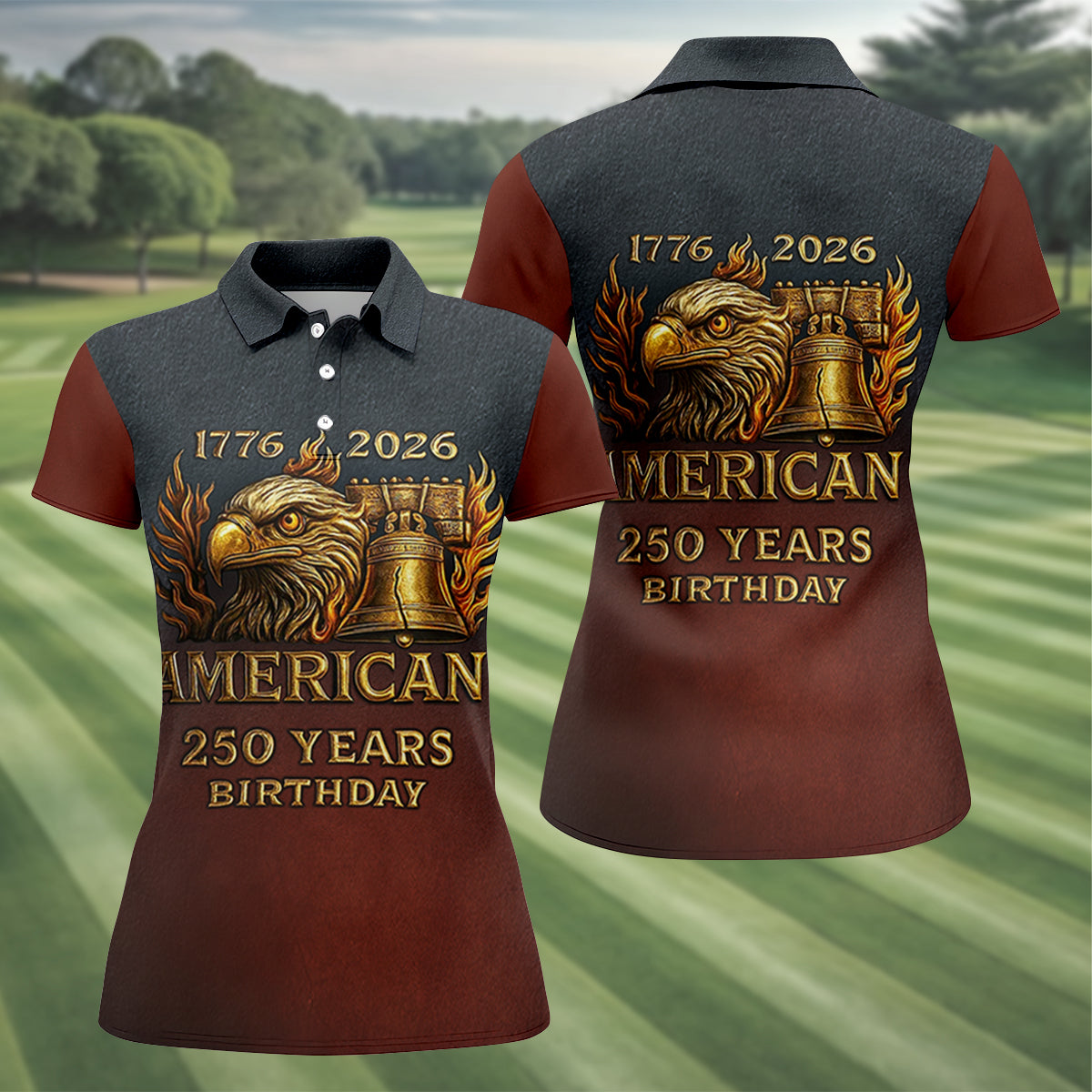 American 250 Years Birthday Navy And Maroon Women's Golf Tops, 250th Anniversary Ladies Golf Shirts