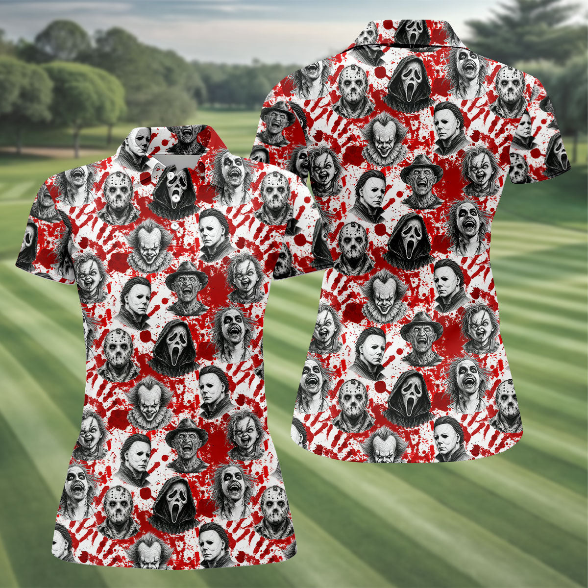 Halloween Horror Character Blood Splatter Polo Shirt, Womens Golf Tops, Women’s Golf Polo