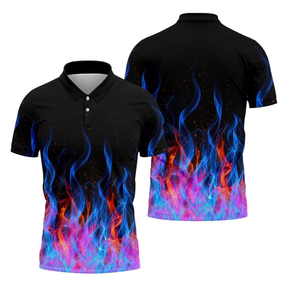 Black Blue Flame Fire Pattern Golf Shirt, Men's Golf Shirt, Mens Polo Shirts, Printed Golf Shirts