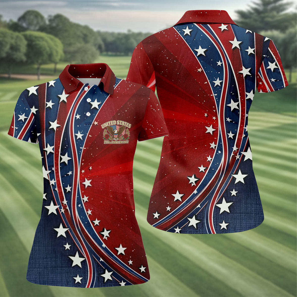 US 250th Anniversary Red White Navy Stars And Stripes Patriotic Golf Shirt, 4th Of July Golf Shirt For Women