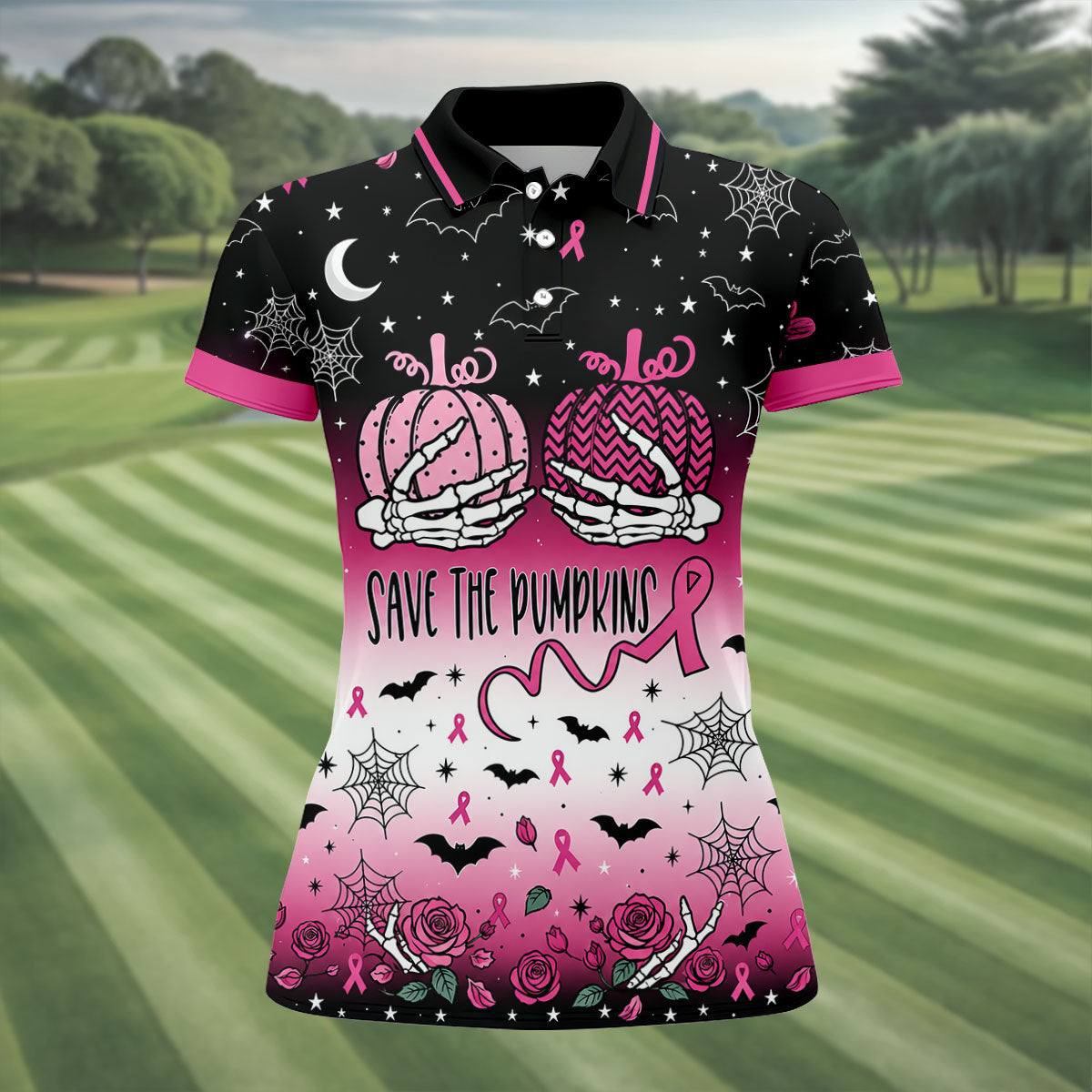 Save The Pumpkins Halloween Breast Cancer Polo Shirt, Womens Golf Tops, Women’s Golf Polo