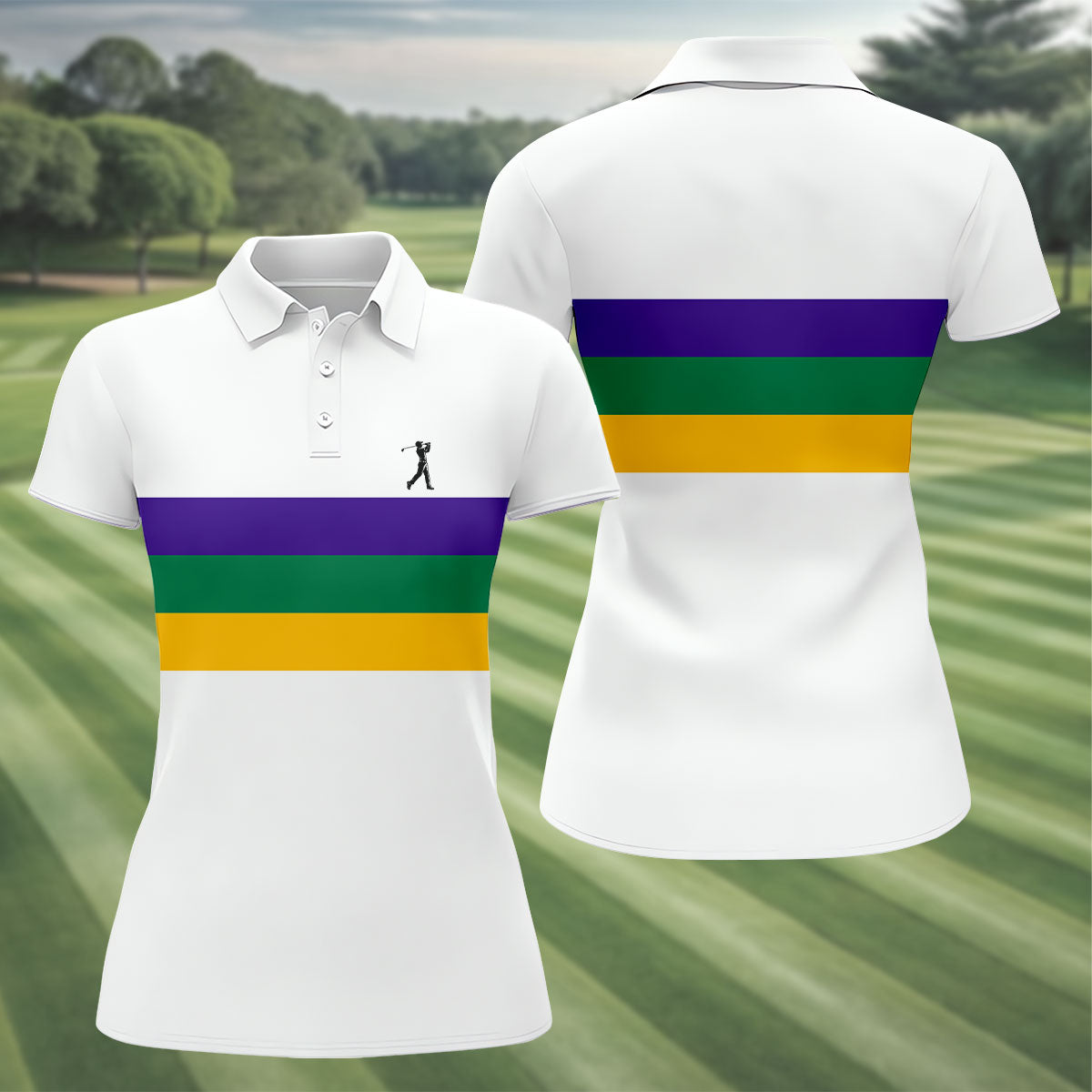 Mardi Gras Purple Green Gold Horizontal Stripes White Golf Shirt, Women's Golf Shirts, Ladies Golf Polos