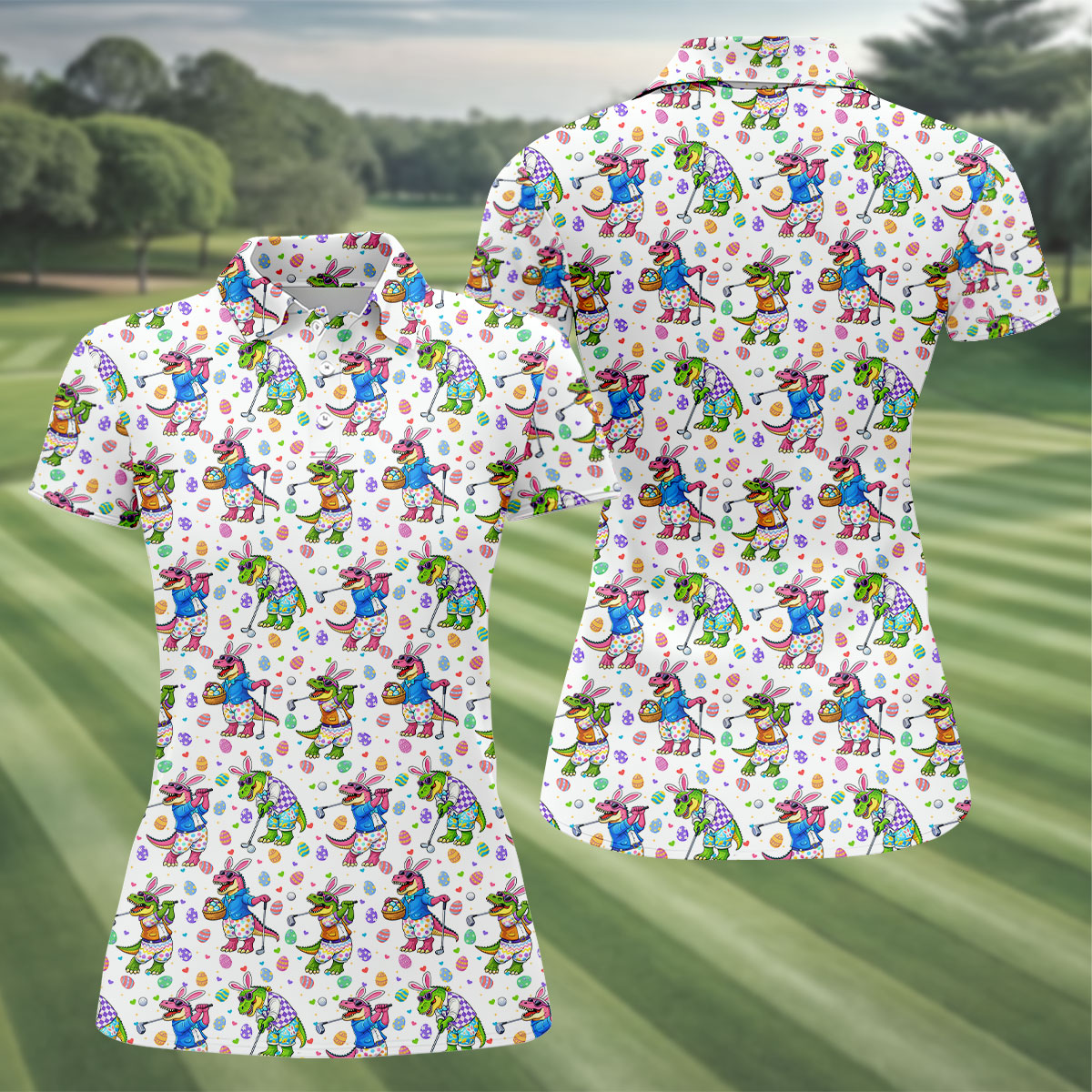 Easter Dinosaur Gradient Pattern Women Golf Top, Fun Women's Golf Shirts, Ladies Golf Shirts