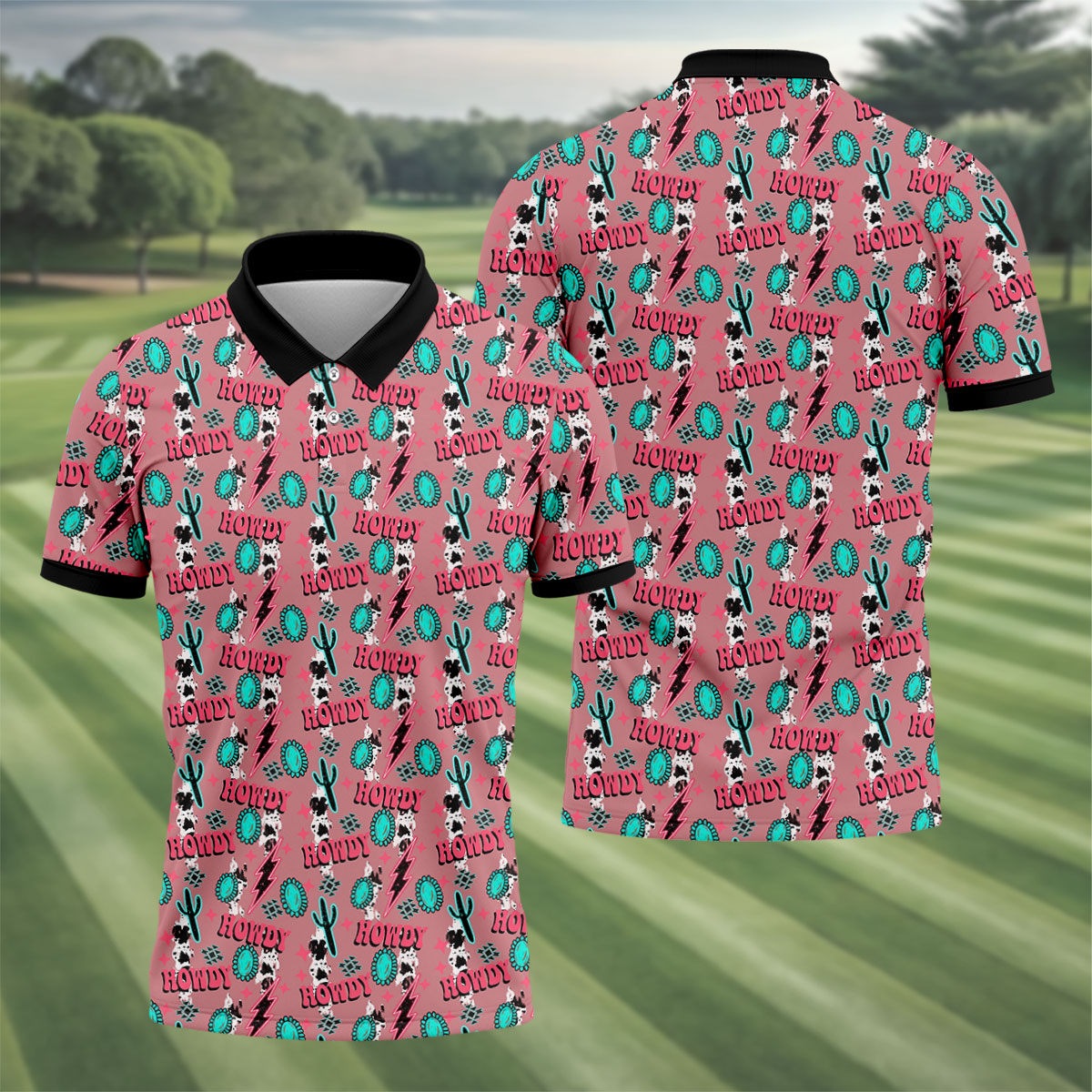 Howdy Pink Lightning Bolts Western Theme Golf Tops For Men, Polo ShirtFor Men, Golf Shirts For Men