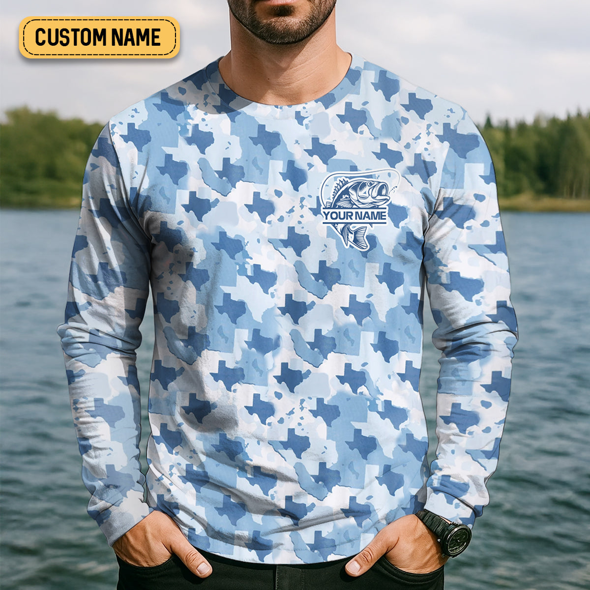 Texas Camo Blue Fishing UPF Shirts, Performance Fishing Shirts, Fishing Gifts For Men, Men's Fishing Shirt