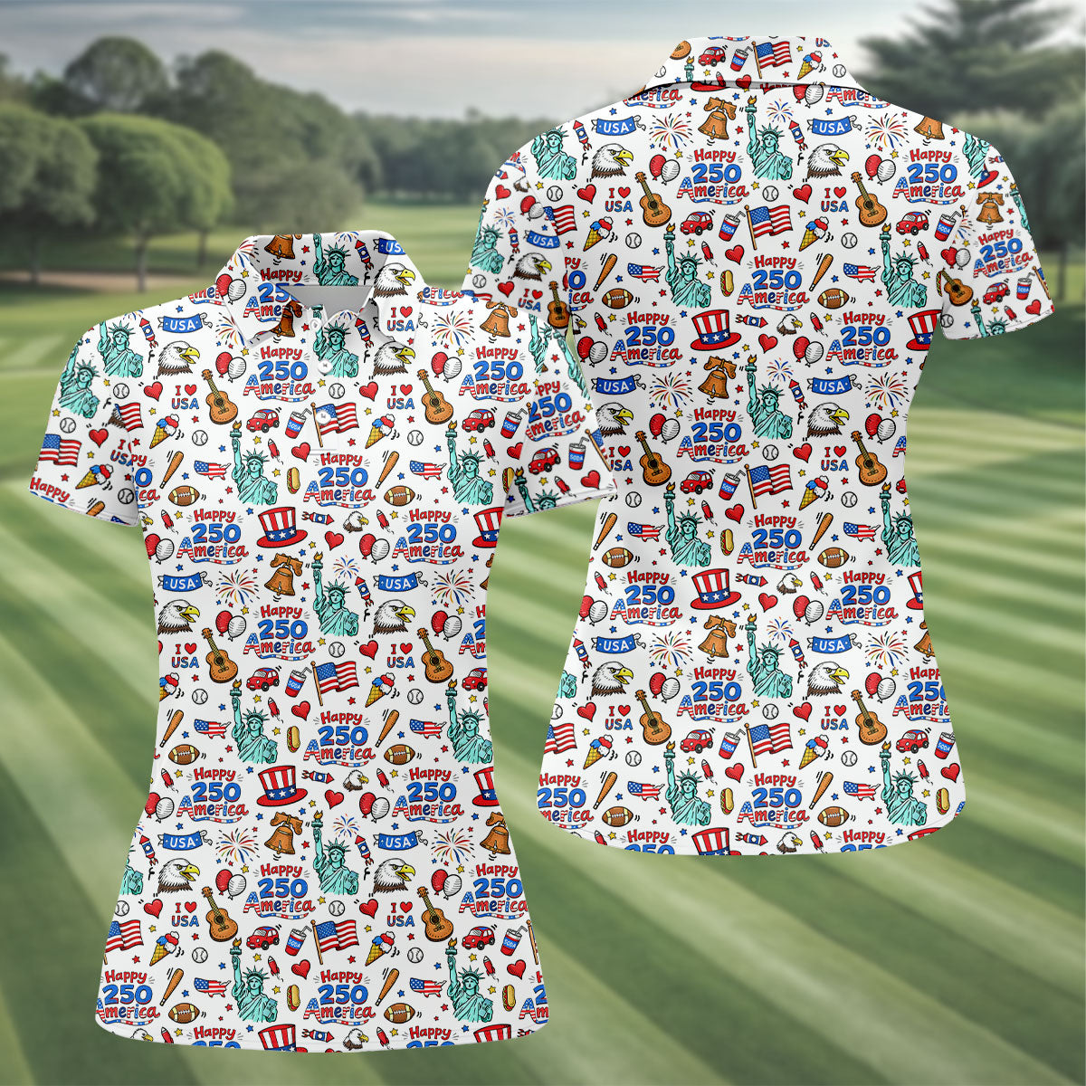 Happy 250 America Independence Celebration White Golf Shirt, Patriotic 4th Of July Golf Shirt For Women