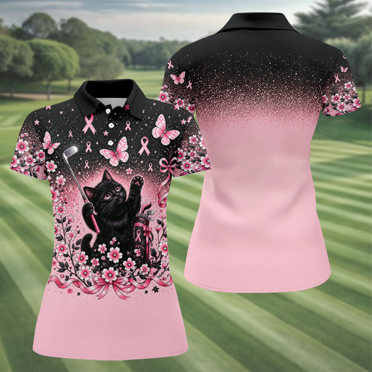 Black Cat Breast Cancer Ribbons Polo Shirt, Womens Golf Tops, Golf Polo For Women