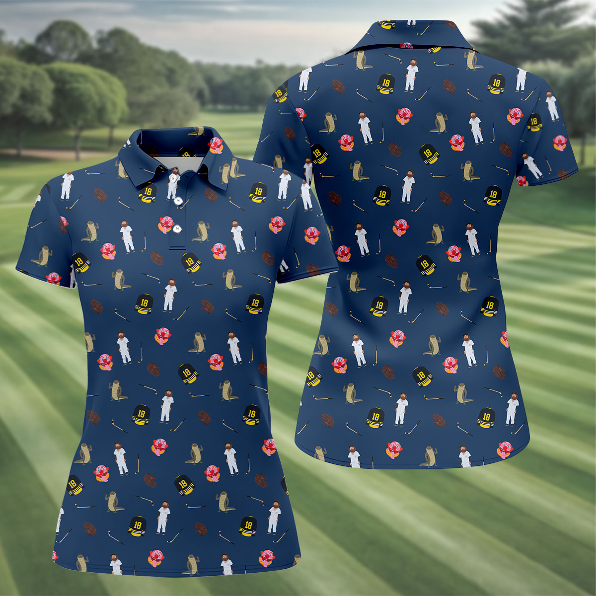 Sport Movie Character Funny Aligator Clown Head Navy Golf Shirt, Fun Women's Golf Shirts, Ladies Golf Shirt