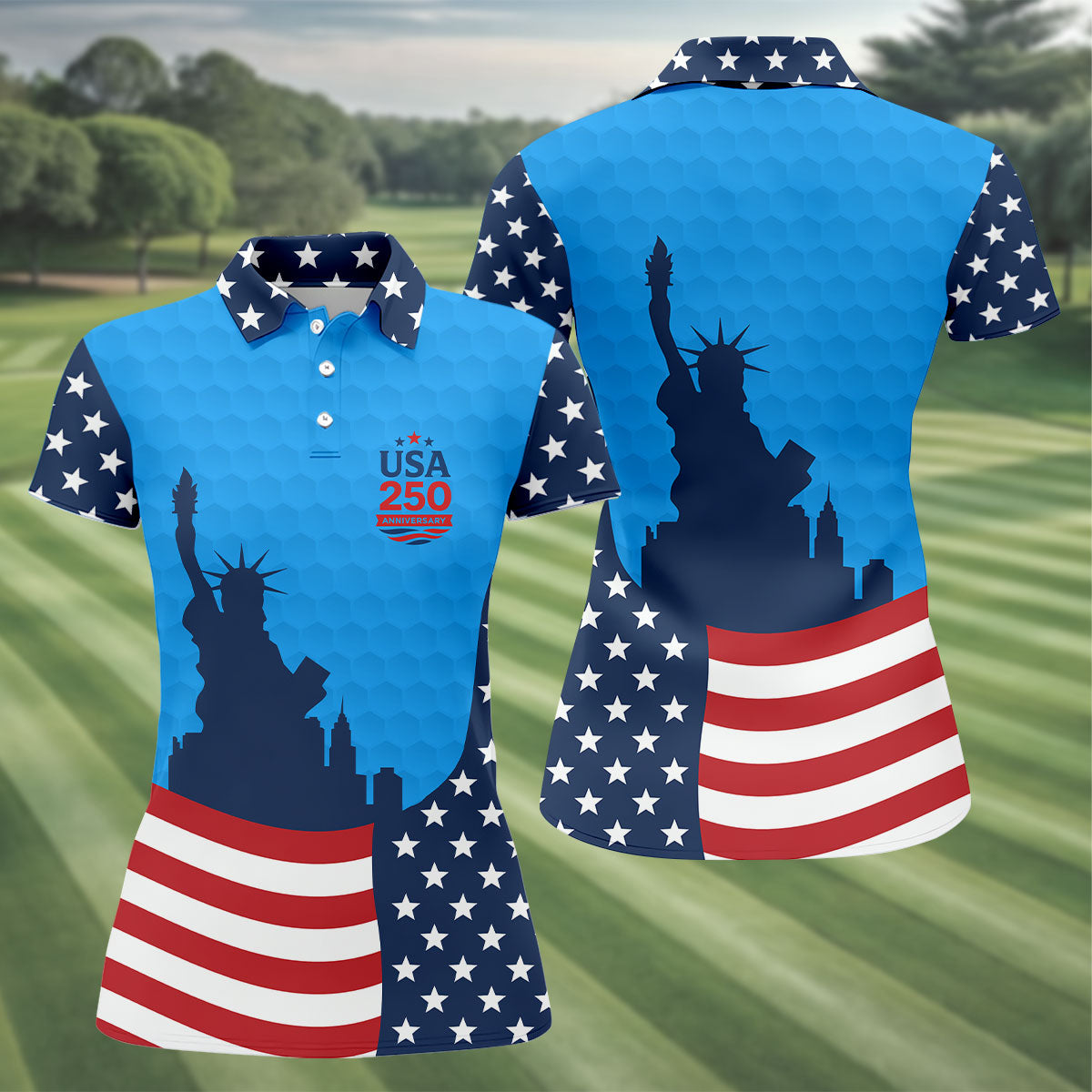 USA 250 Anniversary Statue Of Liberty Blue Golf Shirt, Patriotic Golf Shirt, 4th Of July Women's Golf Tops