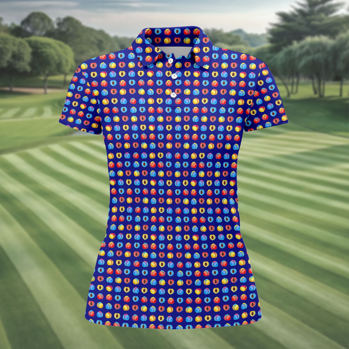 Funny Peach Emoji Pattern Golf Polo Shirt, Women's Golf Polo, Printed Golf Shirt