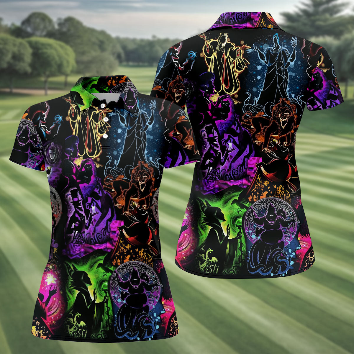 Neon Fantasy Villain Collage Halloween Polo Shirt, Golf Polo For Women, Ladies Golf Top