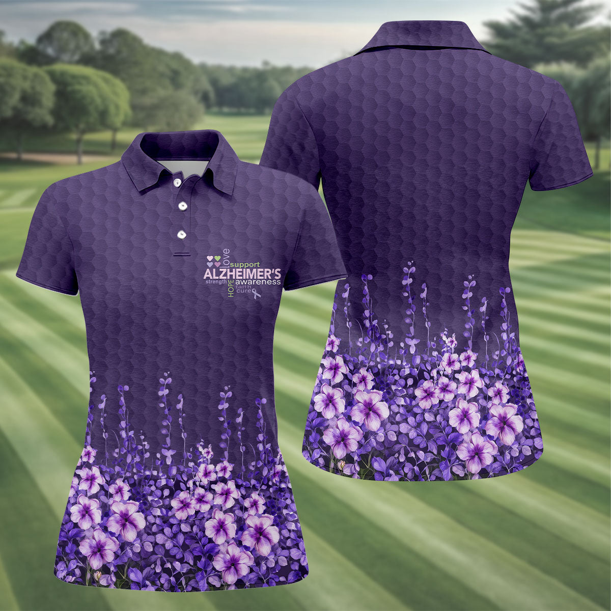 Purple Alzheimer's Awareness Floral Polo Shirt, Golf Shirts For Women, Women’s Golf Polo