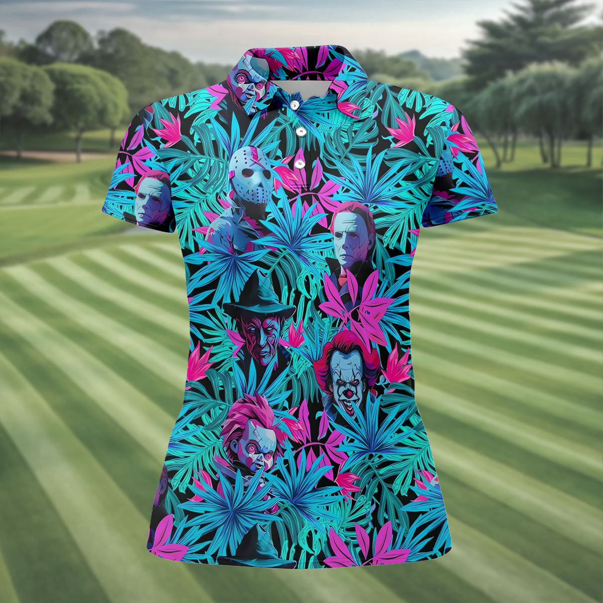 Neon Halloween Horror Character Hawaiian Golf Shirt, Women's Golf Polo, Printed Golf Shirt
