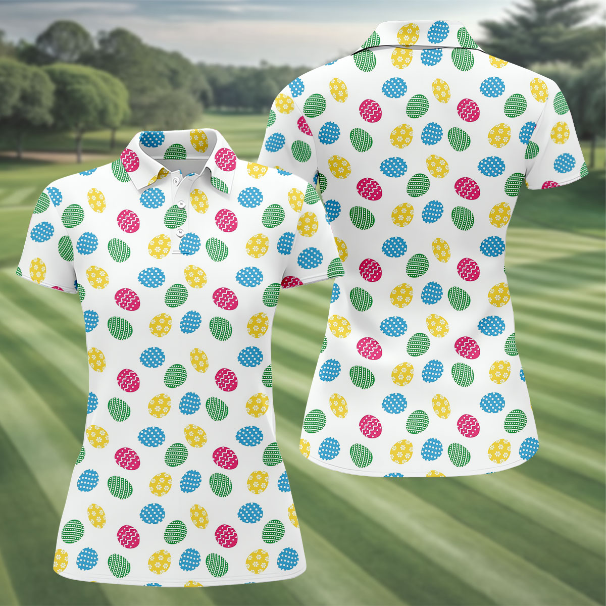 Colorful Easter Eggs White Golf Shirt, Cute Golf Outfit, Ladies Golf Shirts, Women's Polo Shirt