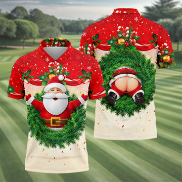 Festive Christmas Santa Wreath Golf Polo Shirt, Mens Golf Polo, Golf Shirts For Men