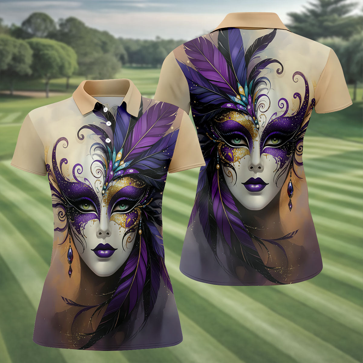 Feather Mask Mardi Gras Golf Shirt, Purple And Beige Women's Golf Tops, Ladies Golf Shirt