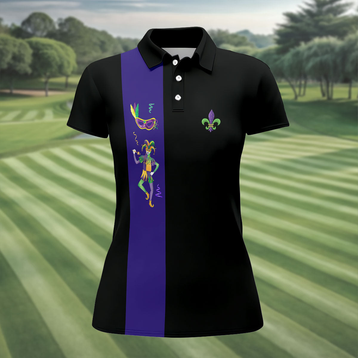 Mardi Gras Festival Jester Figure Fleur De Lis Symbol Black Golf Shirt, Women's Golf Tops, Ladies Golf Polos