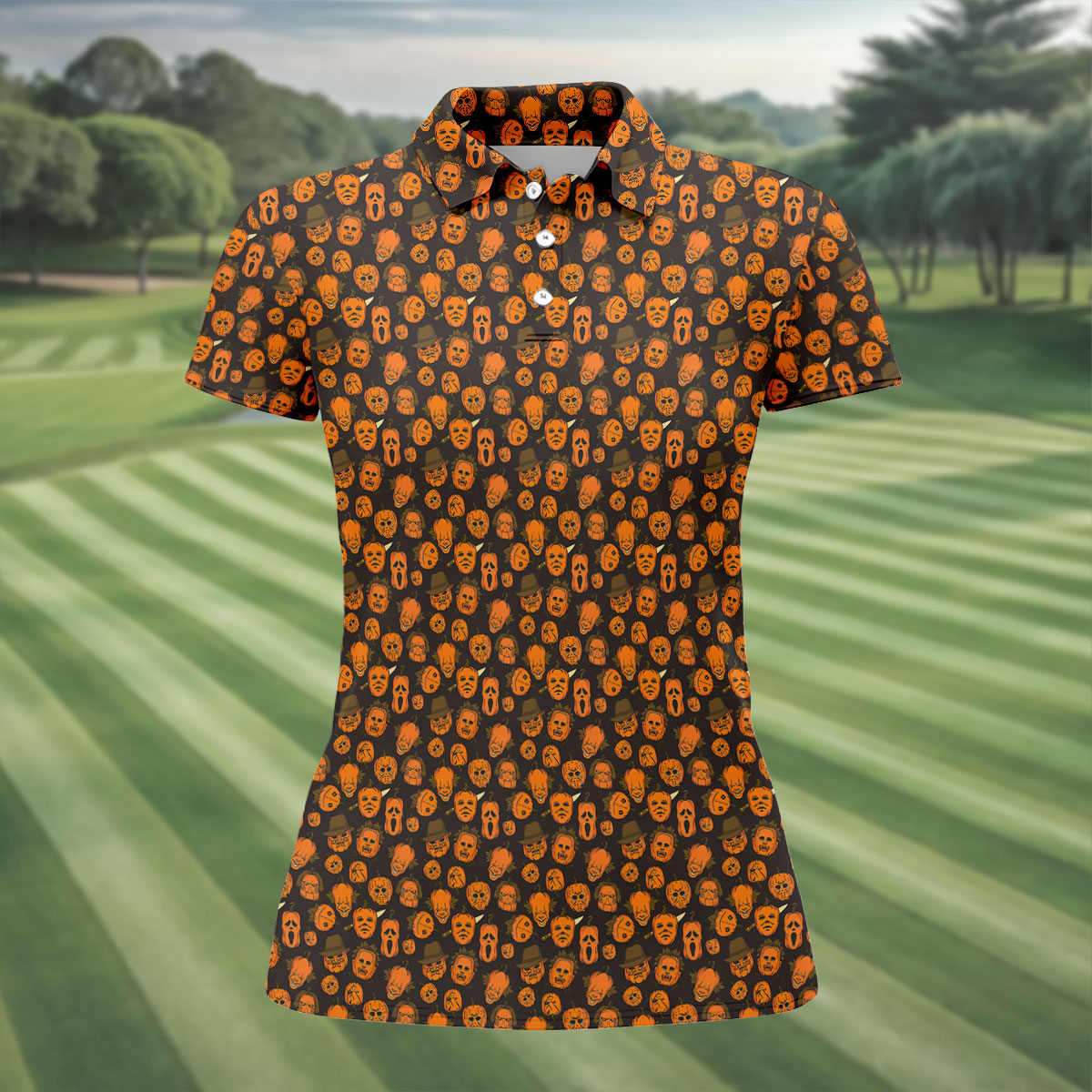 Halloween Horror Character Pumpkin Pattern Golf Shirt, Women’s Golf Polo, Printed Golf Shirt