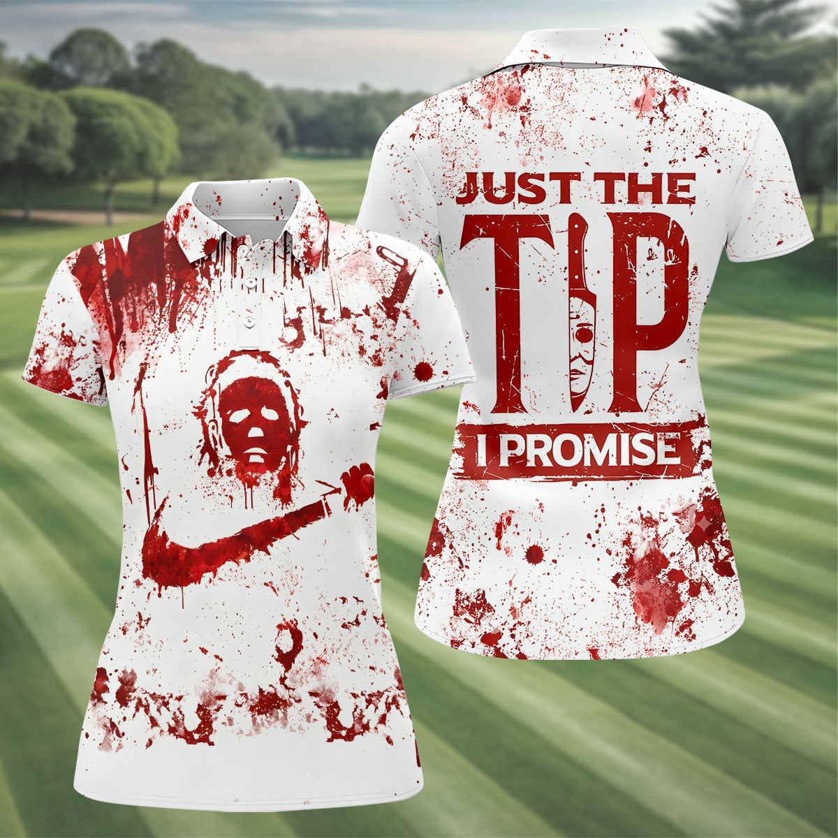 Just The Tip I Promise Halloween Horror Polo Shirt, Ladies Golf Shirts, Womens Golf Tops