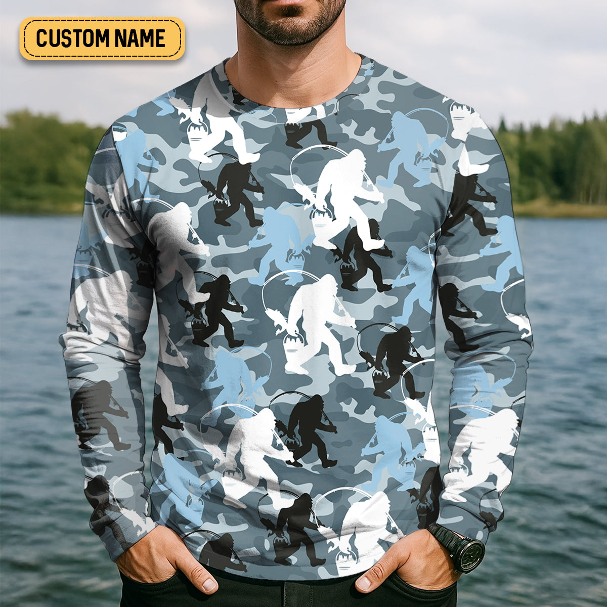 Bigfoot Blue Camo Fishing SPF Shirts, Bassquatch Fishing Shirts, Fishing Shirts For Men, Funny Fisherman Gift