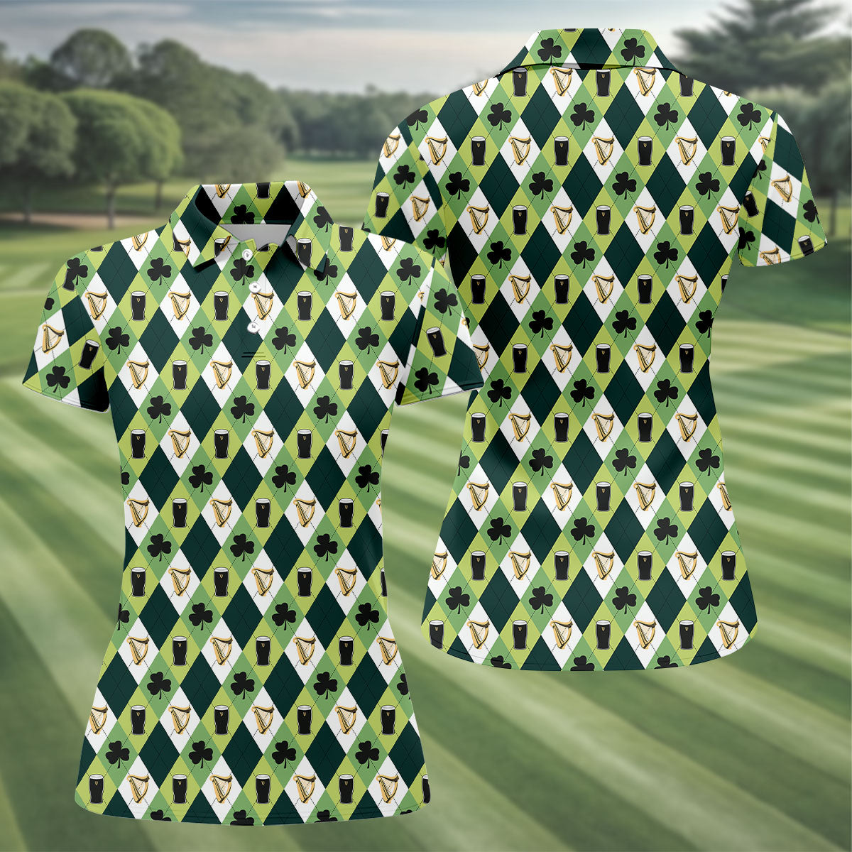 Green And White Argyle Pattern St Patrick's Day Golf Shirt, Women's Golf Shirts, Ladies Golf Polos