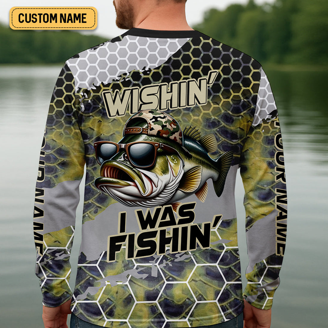 Wishin I Was Fishin Camo Fishing Shirt, Bass Fishing Shirt, SPF Shirt For Men, Presents For Fishermen
