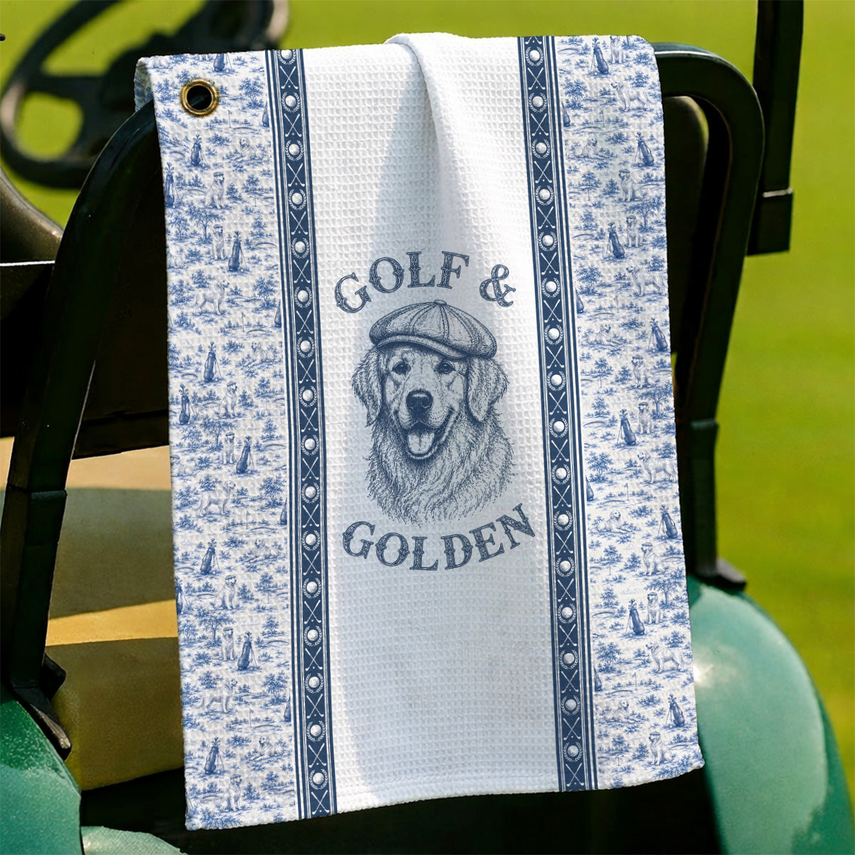 Golden Retriever Golf Towel, Toile De Jouy Golden Pattern Golf Towels, Crazy Golf Gift For Golfer