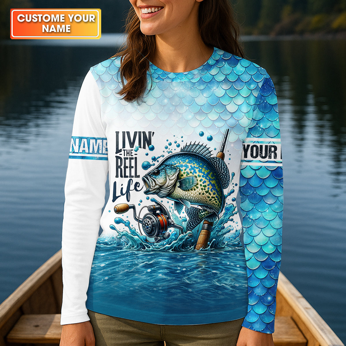 Living The Reel Life Fish Scale Pattern Funny Fishing Shirt, Fishing UPF Shirts, Women Fishing Shirt