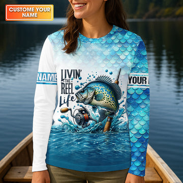Living The Reel Life Fish Scale Pattern Funny Fishing Shirt, Fishing UPF Shirts, Women Fishing Shirt