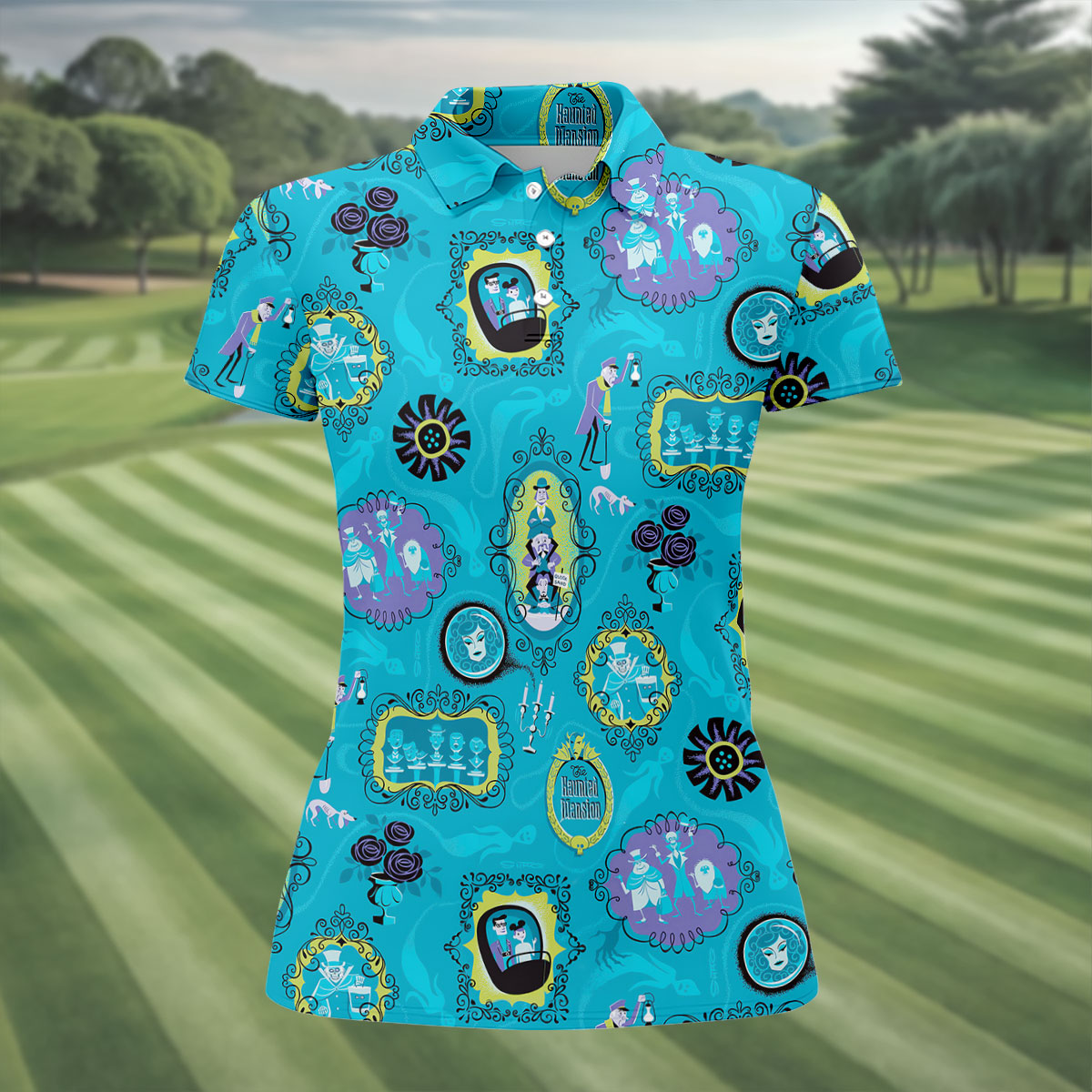 Blue Ghost Portrait Gallery Halloween Polo Shirt, Golf Polo For Women, Ladies Golf Shirts