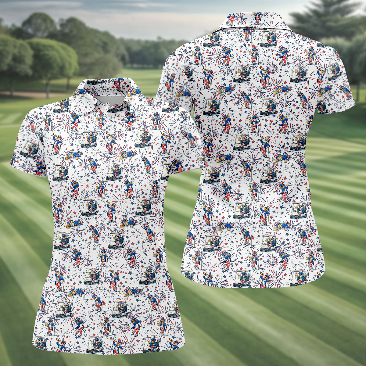 Patriotic Theme Golf And Beer Funny 4th Of July Golf Shirt, 250 Years Seamless Pattern Women's Golf Tops